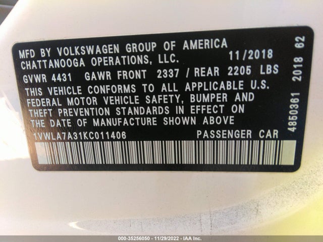 2019 Volkswagen Passat, VIN: 1VWLA7A31KC011406