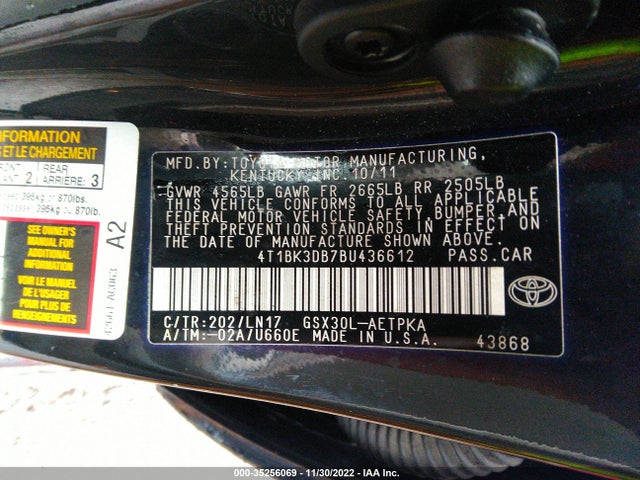 2011 TOYOTA AVALON VIN: 4T1BK3DB7BU436612