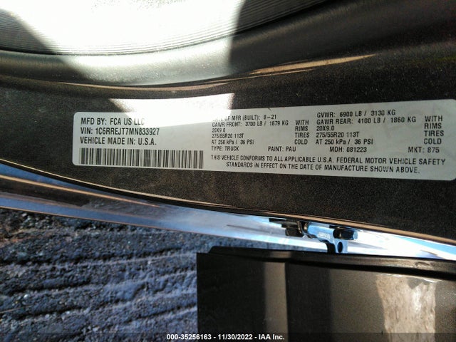 2021 RAM 1500 LARAMIE VIN: 1C6RREJT7MN833927