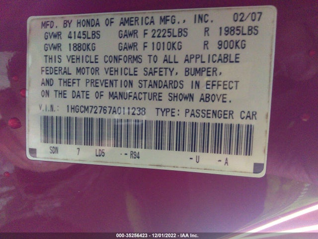 2007 HONDA ACCORD CPE EX/EX-L VIN: 1HGCM72767A011238