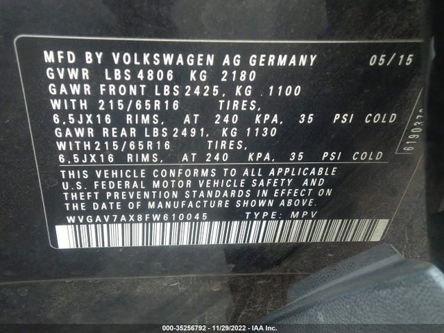 2015 VOLKSWAGEN TIGUAN S VIN: WVGAV7AX8FW610045