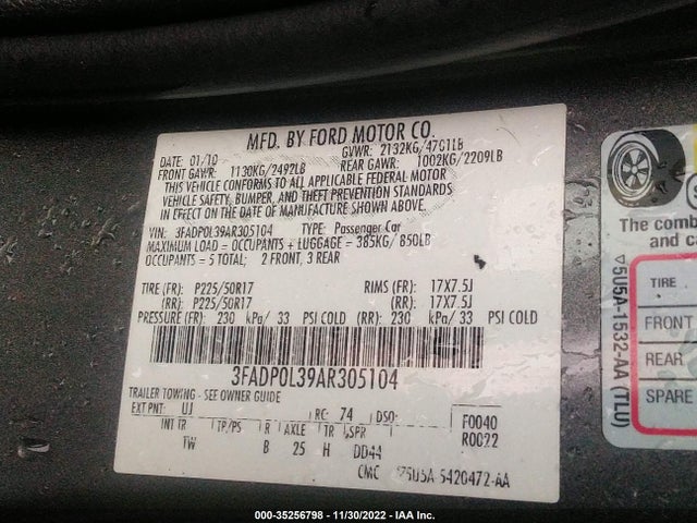 2010 FORD FUSION HYBRID VIN: 3FADP0L39AR305104