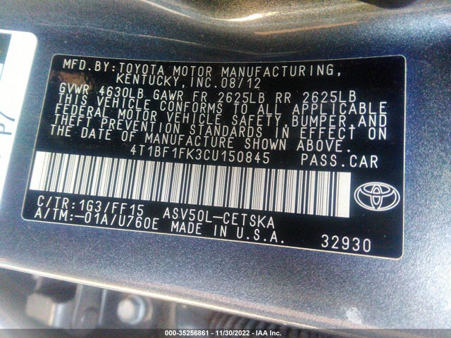 2012 TOYOTA CAMRY L/LE/SE/XLE VIN: 4T1BF1FK3CU150845
