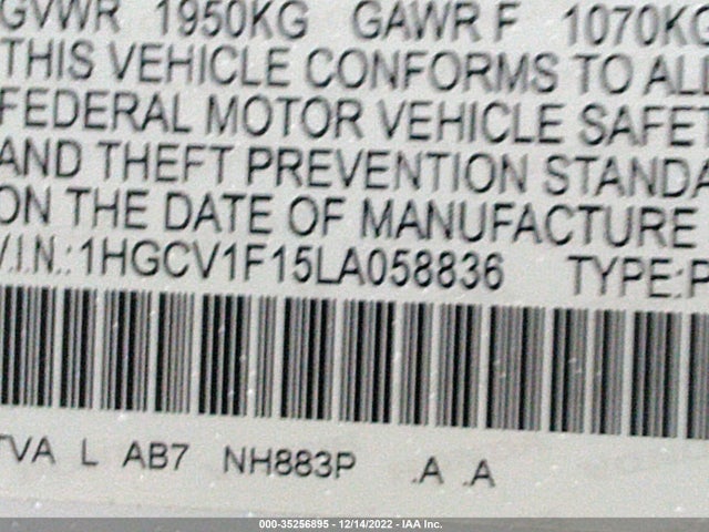 2020 HONDA ACCORD SEDAN LX VIN: 1HGCV1F15LA058836