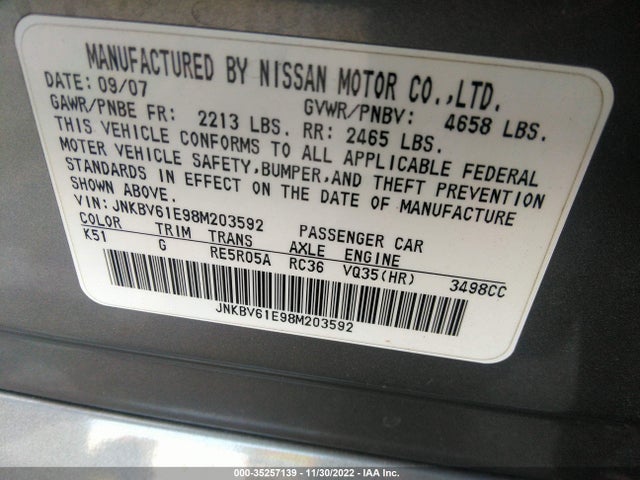 2008 INFINITI G35 SEDAN JOURNEY VIN: JNKBV61E98M203592
