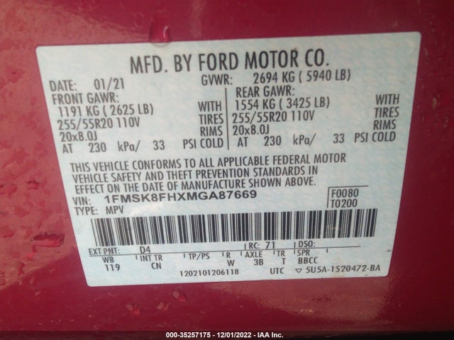 2021 Ford Explorer, VIN: 1FMSK8FHXMGA87669
