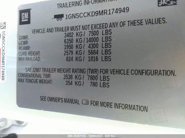 2021 Chevrolet Suburban, VIN: 1GNSCCKD9MR174949