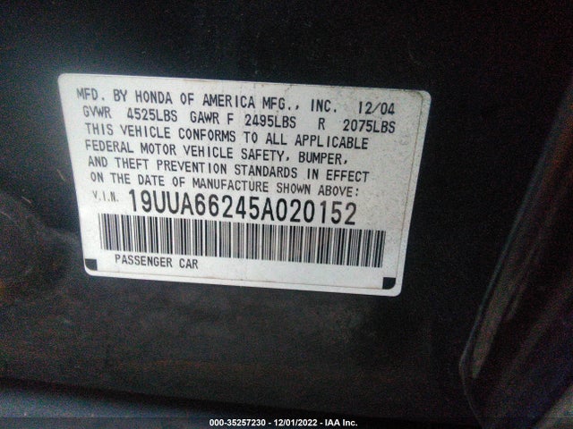 Acura TL 2005 19UUA66245A020152 Image 9