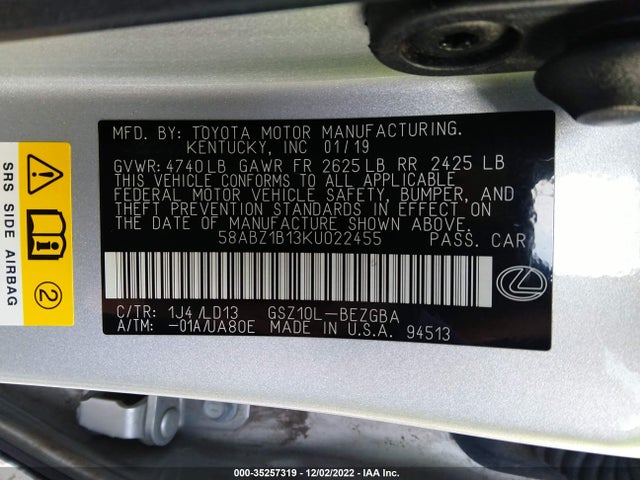 2019 Lexus ES, VIN: 58ABZ1B13KU022455