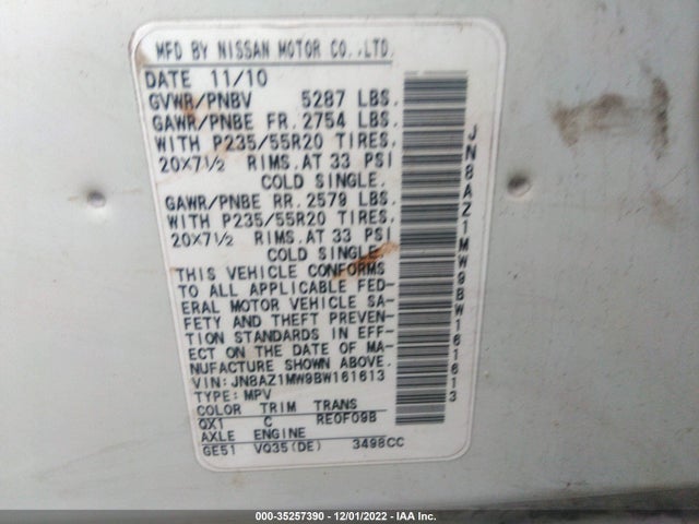 2011 NISSAN MURANO LE VIN: JN8AZ1MW9BW161613