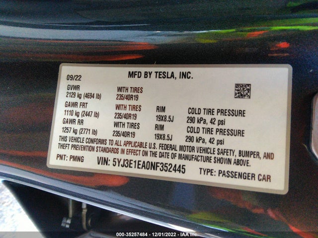 Tesla MODEL 3 2022 5YJ3E1EA0NF352445 Image 9