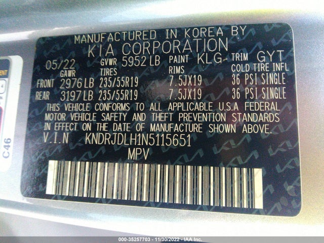 2022 Kia Sorento, VIN: KNDRJDLH1N5115651
