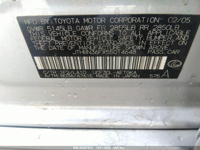 2005 LEXUS LS 430 VIN: JTHBN36FX55014648