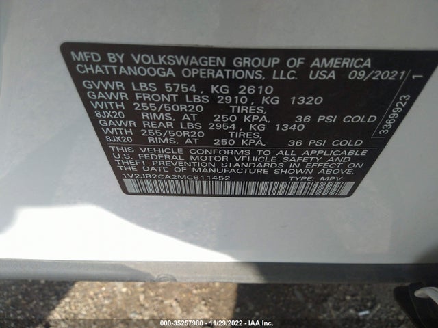 1V2JR2CA2MC611452 Volkswagen Atlas 3.6l V6 Se W/technology