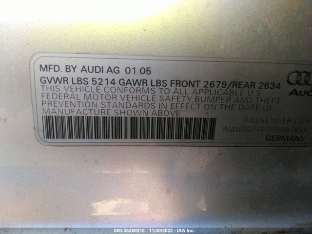 2005 AUDI A6 VIN: WAUDG74F75N091859