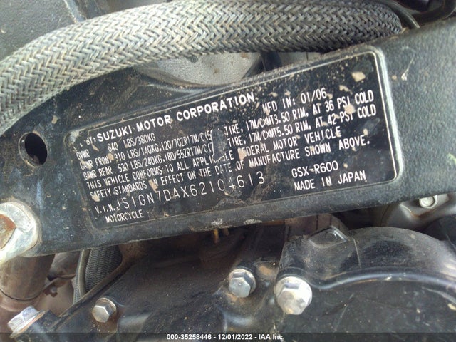 2006 SUZUKI GSX-R600 K6 VIN: JS1GN7DAX62104613