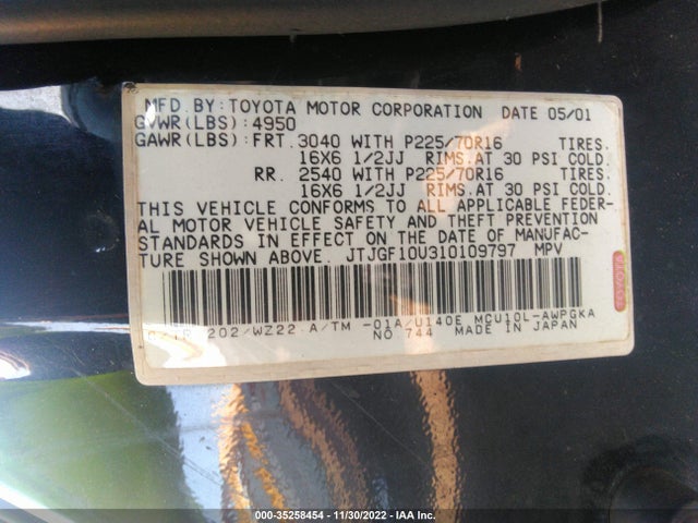 2001 LEXUS RX 300 VIN: JTJGF10U310109797