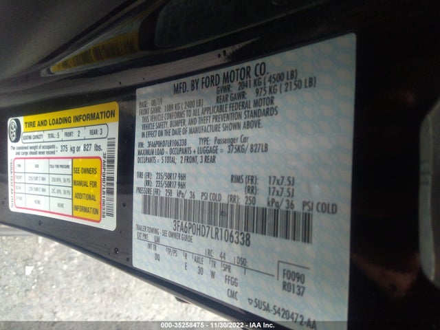 2020 FORD FUSION SE VIN: 3FA6P0HD7LR106338