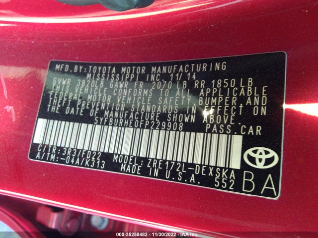 Toyota Corolla L/le/s/s Plus/le Plus 2015 5YFBURHE0FP229908 Image 9