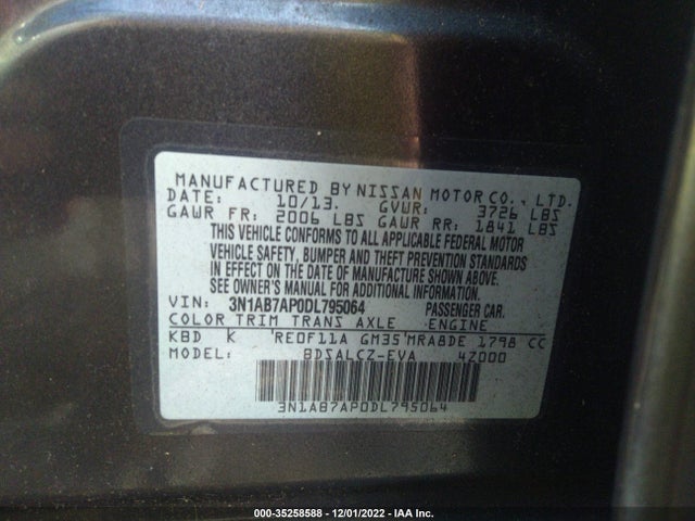 2013 NISSAN SENTRA S VIN: 3N1AB7AP0DL795064