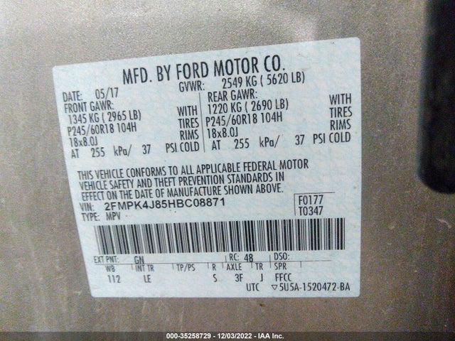 2017 Ford Edge, VIN: 2FMPK4J85HBC08871