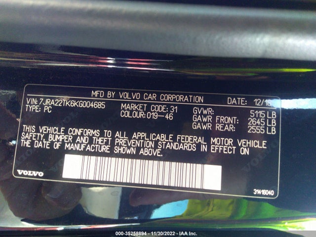 2019 Volvo S60, VIN: 7JRA22TK6KG004685