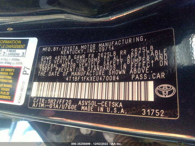 2014 TOYOTA CAMRY L/LE/XLE/SE/SE SPORT VIN: 4T1BF1FKXEU470084