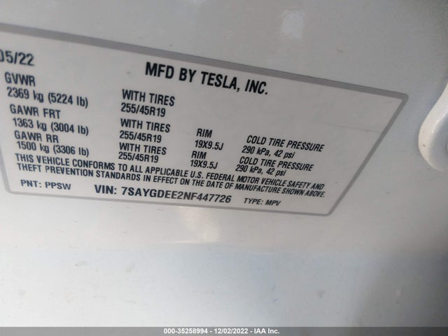 Tesla Model Y Long Range 2022 7SAYGDEE2NF447726 Image 9