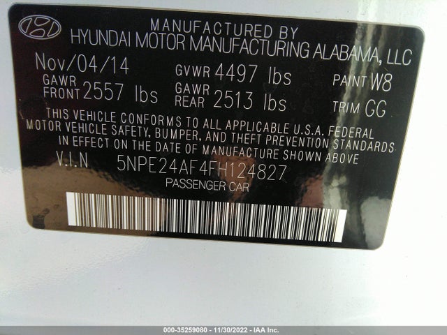 2015 HYUNDAI SONATA 2.4L SE VIN: 5NPE24AF4FH124827