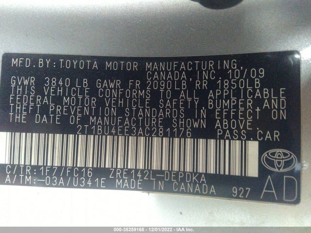 2010 TOYOTA COROLLA VIN: 2T1BU4EE3AC281176