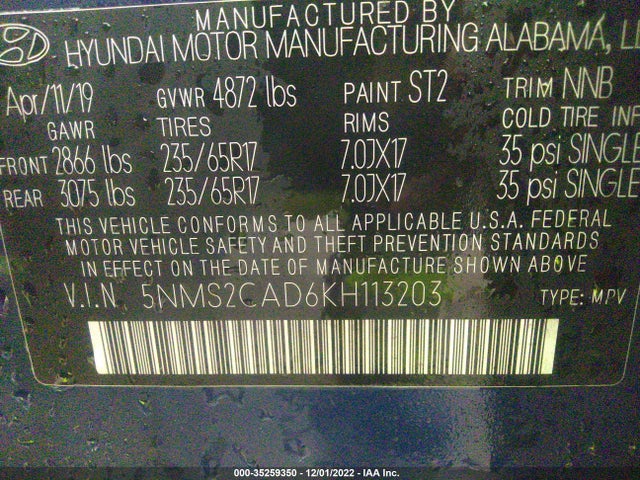2019 Hyundai Santa Fe, VIN: 5NMS2CAD6KH113203