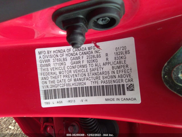 2020 HONDA CIVIC SEDAN SPORT VIN: 2HGFC2F88LH528624