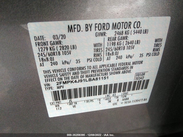 2020 Ford Edge, VIN: 2FMPK4J91LBA81151