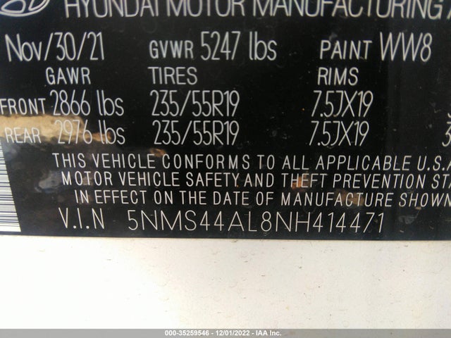 2022 HYUNDAI SANTA FE LIMITED VIN: 5NMS44AL8NH414471