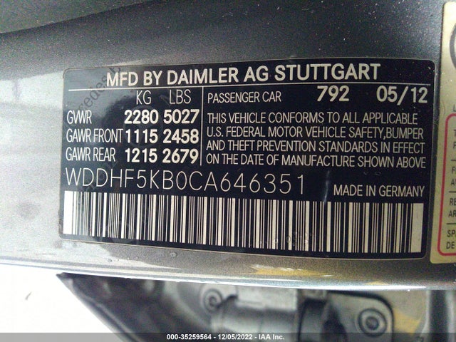 2012 MERCEDES-BENZ E-CLASS E 350 VIN: WDDHF5KB0CA646351