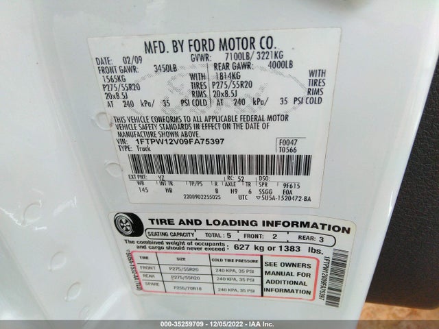 2009 FORD F-150 XL/LARIAT VIN: 1FTPW12V09FA75397