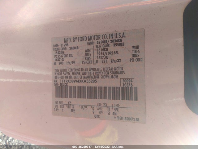 1999 FORD F-150 XL/XLT/LARIAT VIN: 1FTRX08W4XKA55285