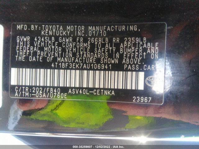 2010 TOYOTA CAMRY VIN: 4T1BF3EK7AU106941