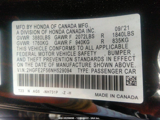 2022 Honda Civic, VIN: 2HGFE2F56NH529094