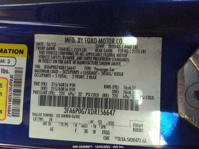 2013 FORD FUSION S VIN: 3FA6P0G7XDR156647