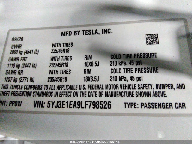 Tesla MODEL 3 2020 5YJ3E1EA9LF798526 Image 9