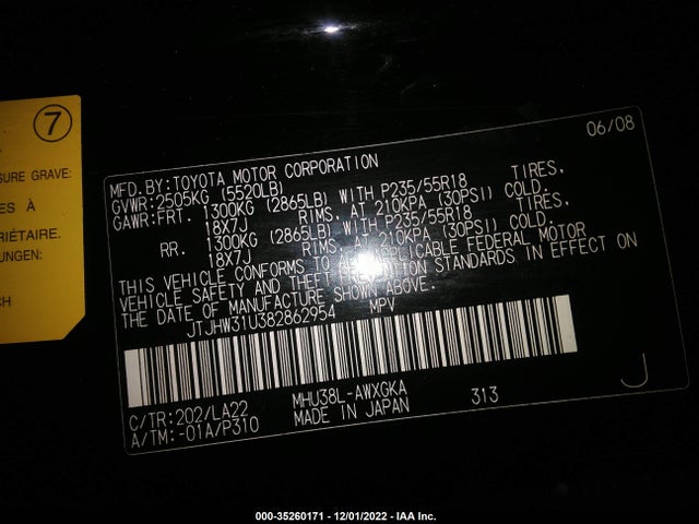 JTJHW31U382862954 Lexus RX 400H