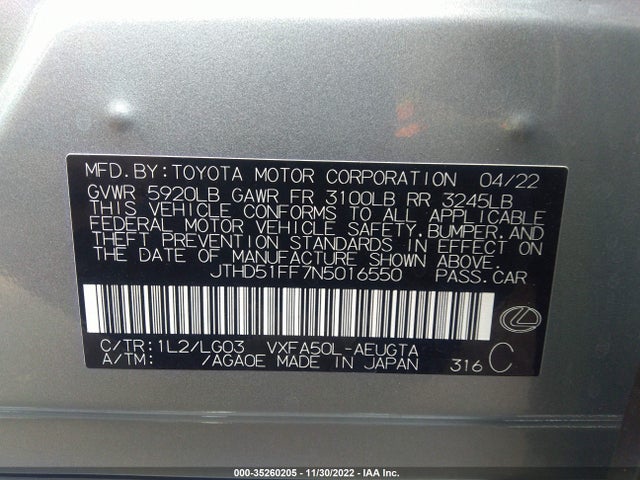2022 Lexus LS, VIN: JTHD51FF7N5016550