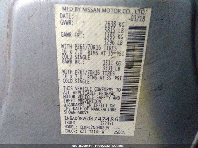 2018 NISSAN FRONTIER SV V6 VIN: 1N6AD0EV6JN747486