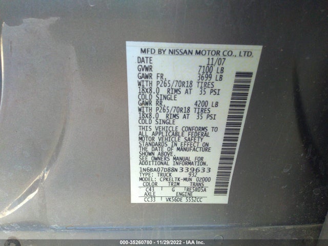 2008 NISSAN TITAN XE/SE/LE VIN: 1N6BA07D88N339633