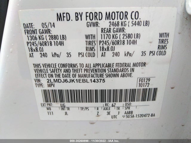Lincoln MKX 2014 2LMDJ6JK1EBL14375 Image 10