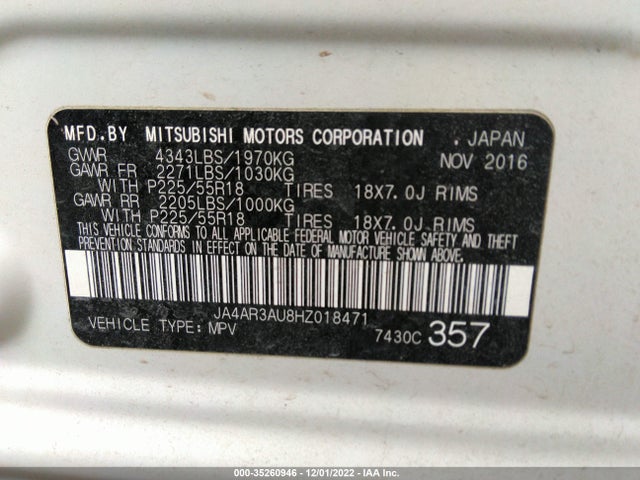 JA4AR3AU8HZ018471 Mitsubishi Outlander Sport 2.0