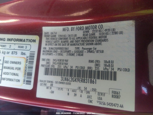 Lincoln MKZ 2014 3LN6L2GK9ER831861 Image 10