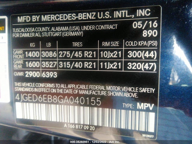 2016 Mercedes-Benz GLE-Class, VIN: 4JGED6EB8GA040155