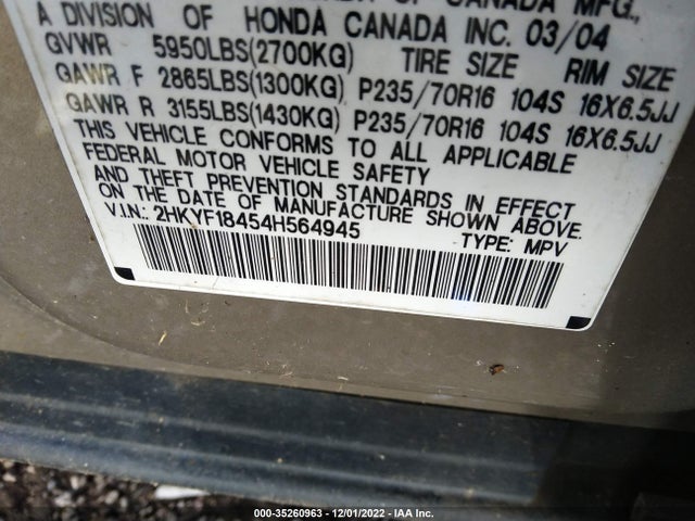 2004 HONDA PILOT EX VIN: 2HKYF18454H564945